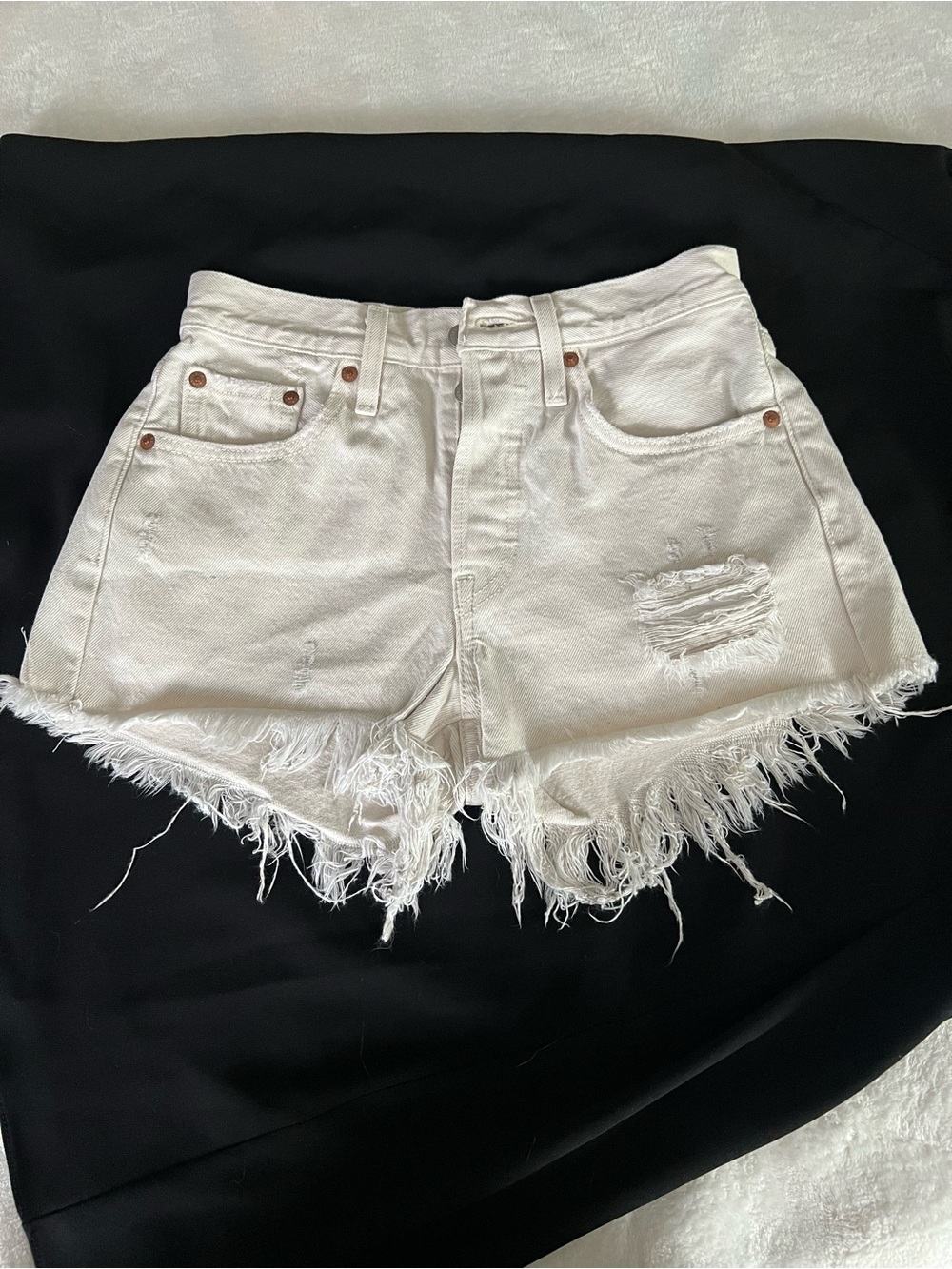 Levi's White Frayed Hem Distressed Denim Shorts